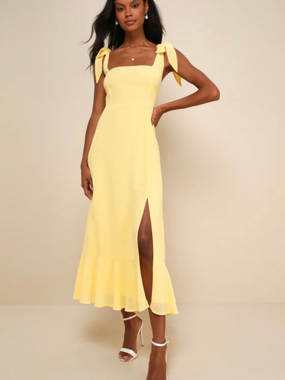 Lulu's Lemon Yellow Tie-Shoulder Midi Dress with Side Slit